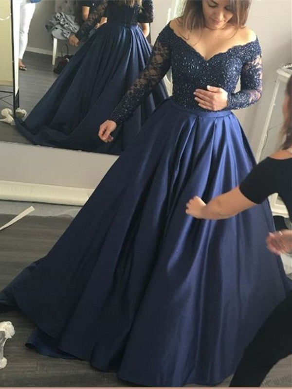 Dark Blue Long Sleeves Lace Prom Gown ...